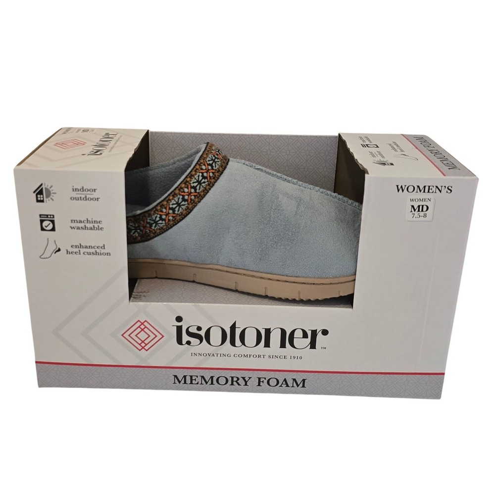 Isotoner Womens Memory Foam Slippers Blue Fog Embroidered Trim Clog 7.5-8 M